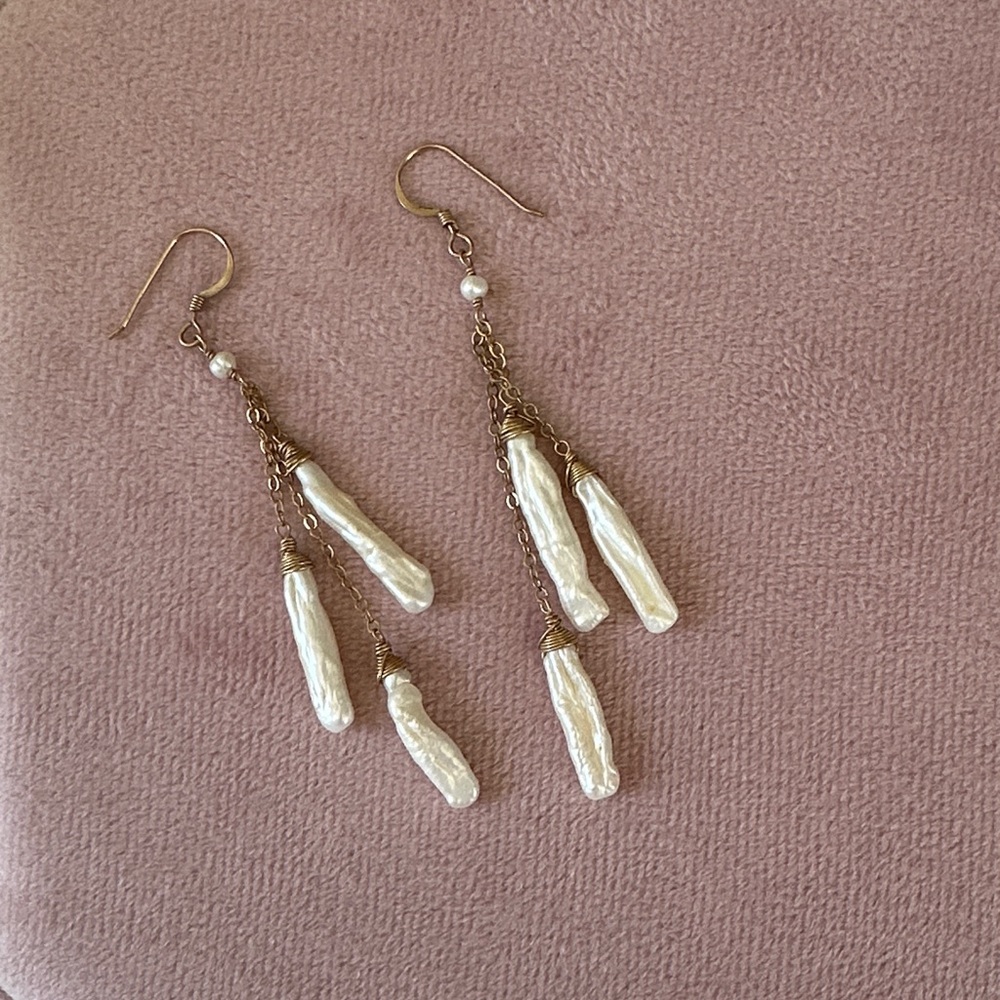 Baroque Freshwater Pearl Cascade Drop Earrings | Gold Tone | Boho Bridal - Picture 3 of 14
